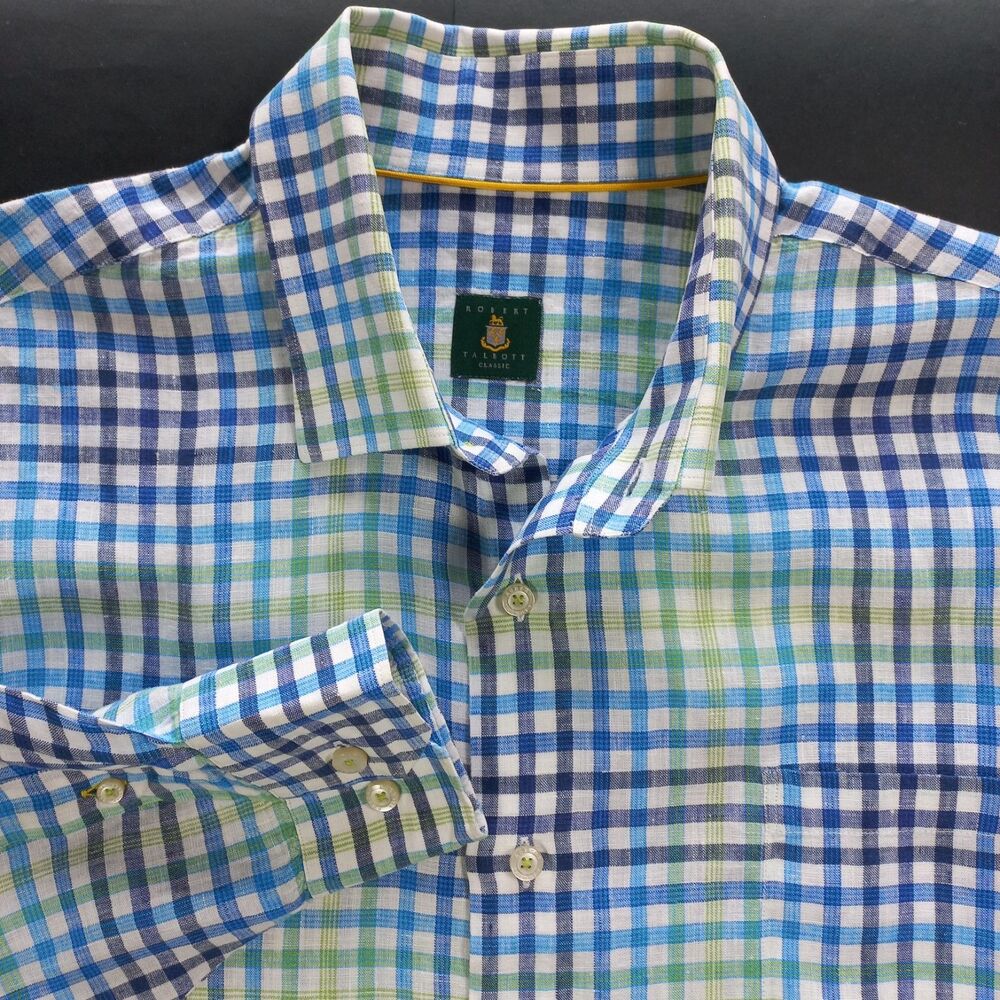 Robert Talbott Linen Classic Shirt Mens XL Long Sleeve Plaid Check 100% Portugal